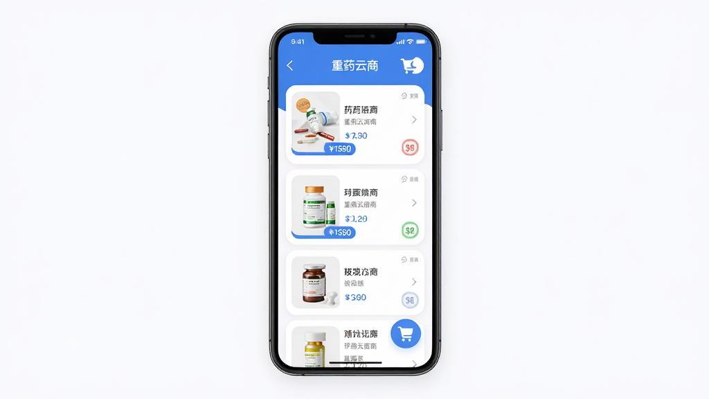 主体为重药云商手机应用界面展示,布局为居中放置一部智能手机,屏幕内呈现药品分类列表与购物车图标,排版简洁清晰,风格为现代商务扁平化设计,细节包括蓝白配色、圆角卡片、药品缩略图与价格标签,画质高清、干净、无多余元素