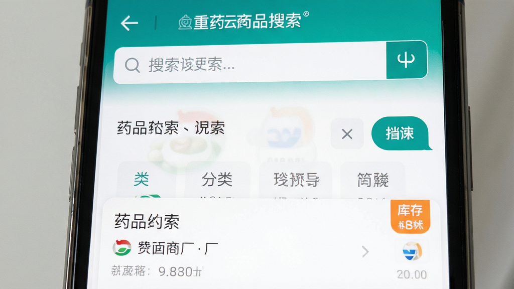 主体为重药云商药品搜索界面特写,布局为手机屏幕放大展示搜索框与分类标签,排版突出搜索栏与筛选按钮,风格为清爽浅色UI风格,细节包括药品名称列表、厂家标识与库存状态角标,画质清晰、干净、无多余元素