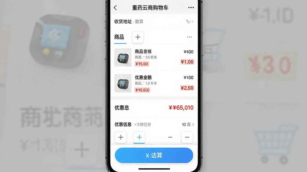 主体为重药云商购物车结算页面手机截图,布局为界面中央展示商品清单与合计金额,排版从上到下依次为收货地址、商品条目、优惠信息与结算按钮,风格为明快电商风,细节包括数量加减控件、价格红色高亮与底部悬浮结算栏,画质清晰、干净、无多余元素