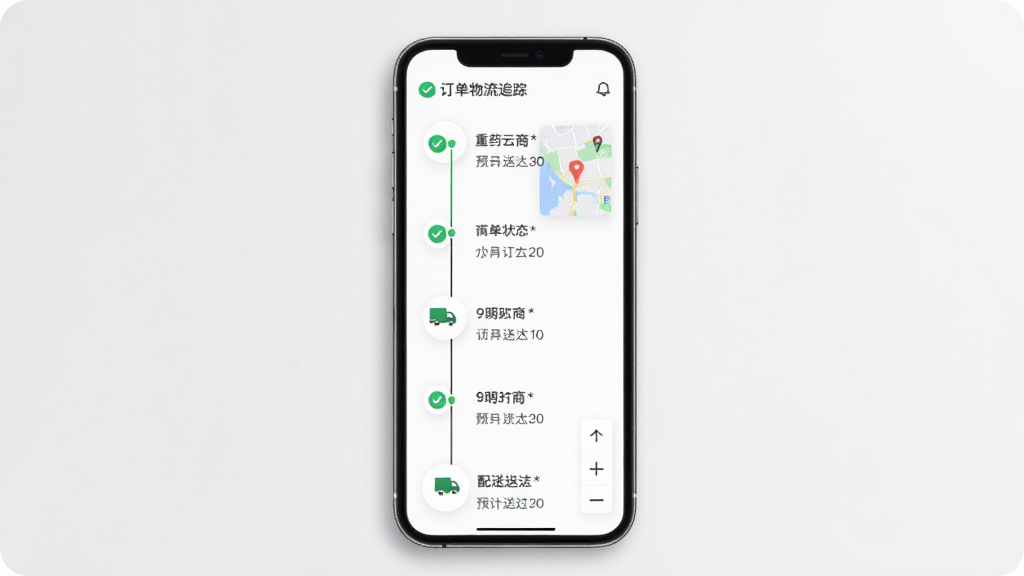 主体为重药云商订单物流追踪页面,布局为手机界面展示订单状态时间轴与配送地图缩略图,排版纵向排列各节点信息,风格为简约商务风,细节包括绿色对勾图标、配送车辆图标与预计送达时间文字,画质高清、干净、无多余元素