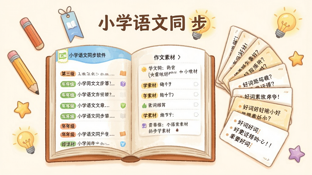 一张阅读与写作主题的插画,画面中央是一本打开的书,书页左侧是小学语文同步软件的同步阅读文章列表,右侧是作文素材卡片,书本周围漂浮着铅笔、书签、小灯泡和星星图标,布局为书本居中、素材卡片呈扇形展开在书本右侧,风格为温馨的儿童插画,细节包括文章列表中的年级标签、素材卡片上的好词好句摘录、小灯泡发出的光晕,画质柔和清晰、干净无多余元素,图片中文字为“小学语文同步”
