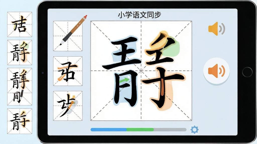 一张生字学习界面的特写插画,画面主体是平板电脑屏幕,屏幕上显示田字格中的汉字描红练习与笔顺动画播放按钮,屏幕左侧有笔顺分步小图,右侧有听写自测的喇叭图标,布局为平板居中、笔顺分步图沿左侧竖向排列,风格为简洁的教育类扁平插画,细节包括田字格的虚线辅助线、汉字笔画的高亮色块、屏幕下方的进度条,画质清晰、干净、无多余元素,图片中文字为“小学语文同步”