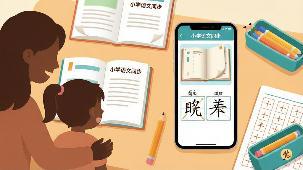 一张展示小学语文同步学习场景的插画,画面中央是一部竖屏手机,手机屏幕上显示着小学语文同步软件的课文朗读与生字书写界面,屏幕上方有课本翻页动画,手机周围散落着语文课本、铅笔、田字格本和卡通铅笔盒,背景是温暖的书桌场景,左侧有家长与孩子一起看屏幕的剪影,布局为手机居中偏右、学习用品环绕四周,风格为扁平化卡通教育插画,细节包括屏幕上的拼音标注、田字格里的汉字笔画、翻开的课本页角,画质清晰明亮、干净无多余元素、色彩柔和,图片中文字为“小学语文同步”