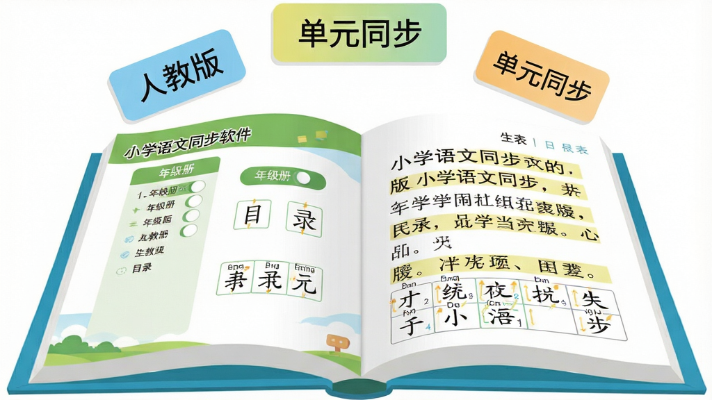 一本书本展开的立体插画,书页左侧是小学语文同步软件的教材目录界面,右侧是课文原文与生字表页面,书本上方悬浮着“人教版”“单元同步”等标签卡片,布局为书本居中、标签卡片呈弧形排列在书本上方,风格为清爽的扁平插画,细节包括目录中的年级册次切换按钮、生字格中的拼音与笔画顺序、课文页的段落高亮,画质干净清晰、无多余元素,图片中文字为“小学语文同步”