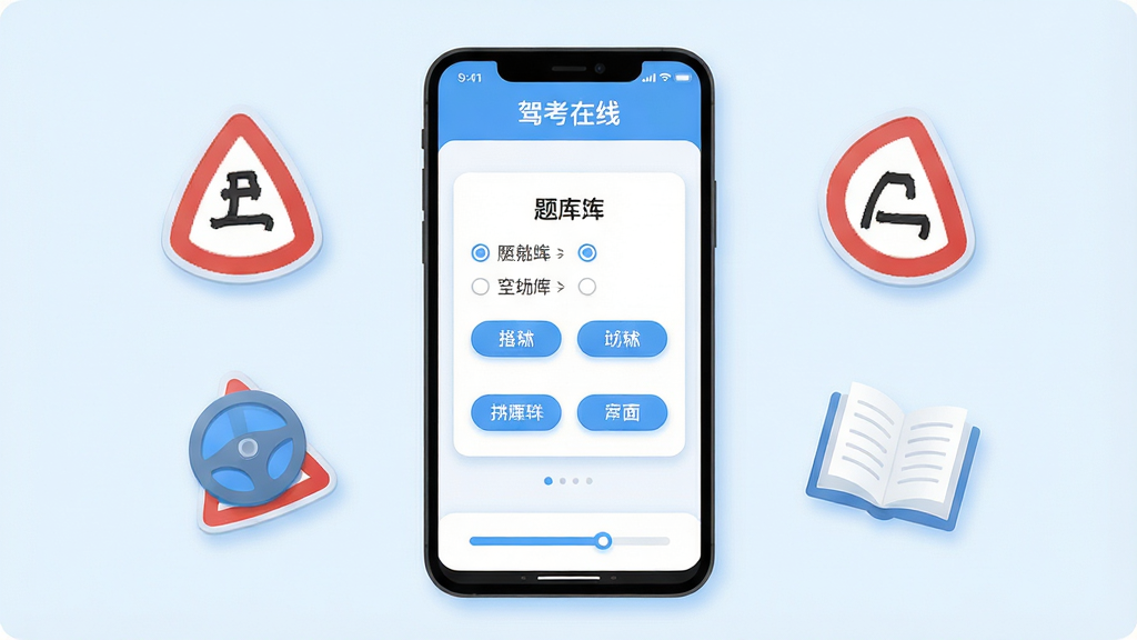 主体为一部竖屏安卓手机,屏幕内展示驾考在线APP的题库练习界面,顶部标题栏写有“驾考在线”字样,中间为单选题卡片与选项按钮,底部为答题进度条;布局采用居中手机展示配左右悬浮的交通标志图标与书本元素;排版简洁清晰,手机居中、辅助元素对称分布;风格为清爽扁平化UI插画,浅蓝与白色为主色调;细节包含柔和阴影、圆角卡片、清晰的文字层级与按钮高光;画质高清、画面干净、无多余元素