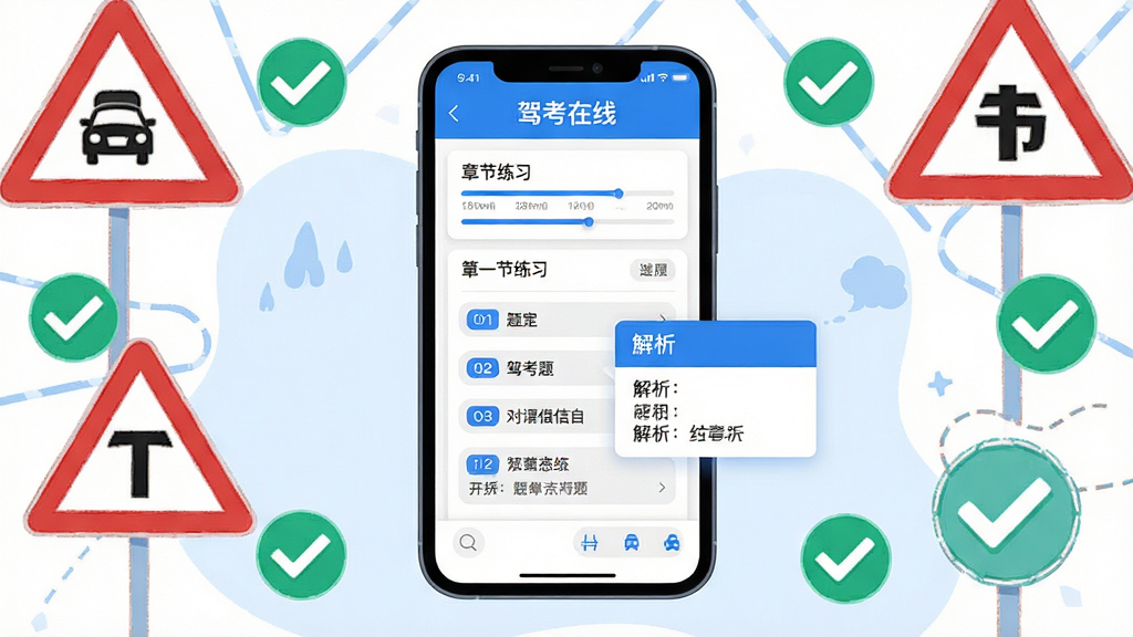 主体为驾考在线APP章节练习界面,手机屏幕内展示章节列表与答题卡片,标题写有“驾考在线”字样;布局为手机居中、四周环绕交通标志与对勾图标;排版采用上下分层、左右留白均衡的方式;风格为现代扁平插画,蓝白配色;细节包含进度条、题号标签、解析弹窗的层次感;画质高清、干净清爽、无多余元素