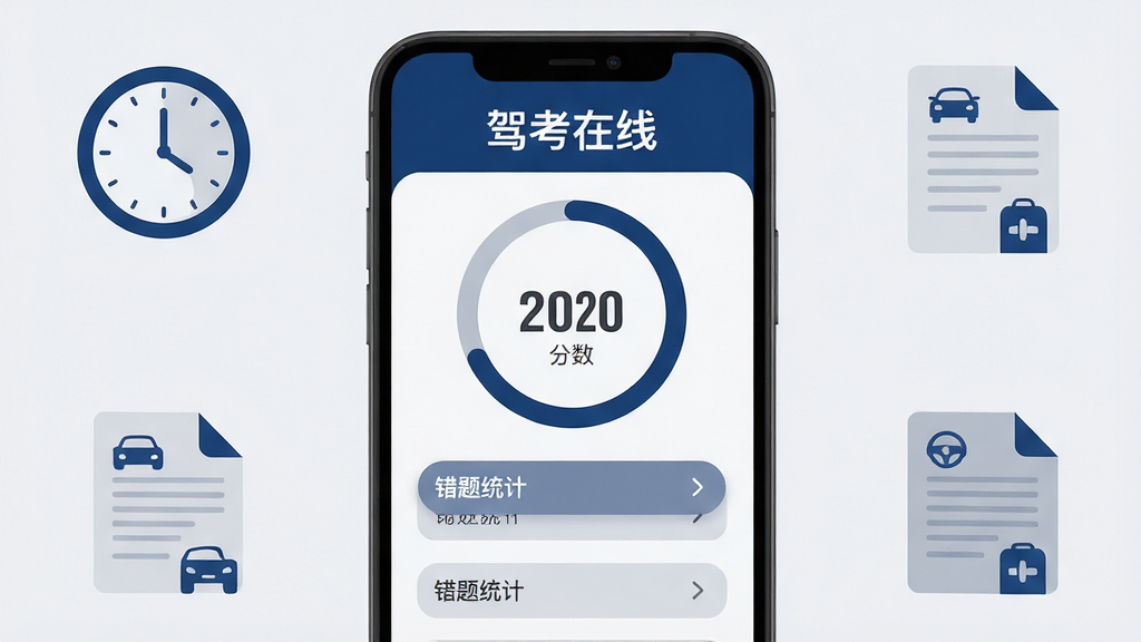 主体为驾考在线APP模拟考试结果页面,手机屏幕展示分数圆环与错题统计,顶部写有“驾考在线”文字;布局为手机居中展示、背景辅以时钟与试卷图标;排版采用中心聚焦、四周元素轻量化点缀;风格为简洁商务扁平风,深蓝与浅灰搭配;细节包含分数数字醒目、错题列表条目清晰、按钮圆角处理;画质高清、画面整洁、无多余元素