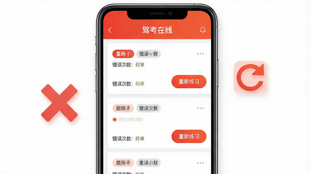 主体为驾考在线APP错题本界面,手机屏幕内展示错题列表与“重新练习”按钮,页面标题含“驾考在线”字样;布局为手机居中、旁边漂浮红色叉号与刷新箭头图标;排版为列表式信息呈现、上下结构清晰;风格为轻量扁平化设计,白底配橙红点缀;细节包含题目标签、错误次数标记、操作按钮高亮;画质高清、干净利落、无多余元素