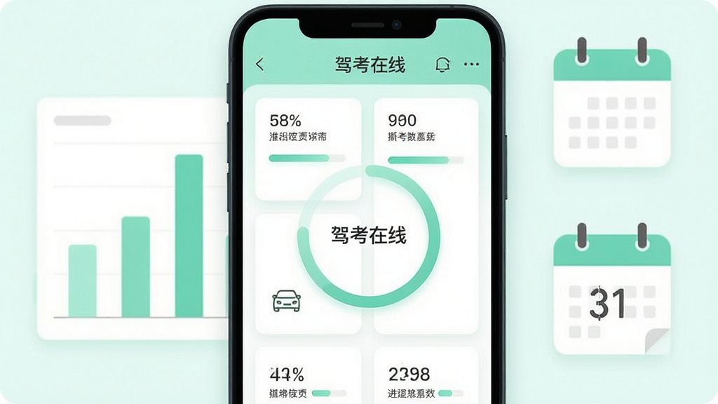 主体为驾考在线APP学习统计面板,手机屏幕展示环形进度图与数据卡片,界面内写有“驾考在线”字样;布局为手机居中、背景辅以柱状图与日历图标;排版采用卡片式网格布局、信息层级分明;风格为清新浅色扁平风,薄荷绿与白色搭配;细节包含百分比数字、进度条渐变、图标线条简洁;画质高清、画面清爽、无多余元素