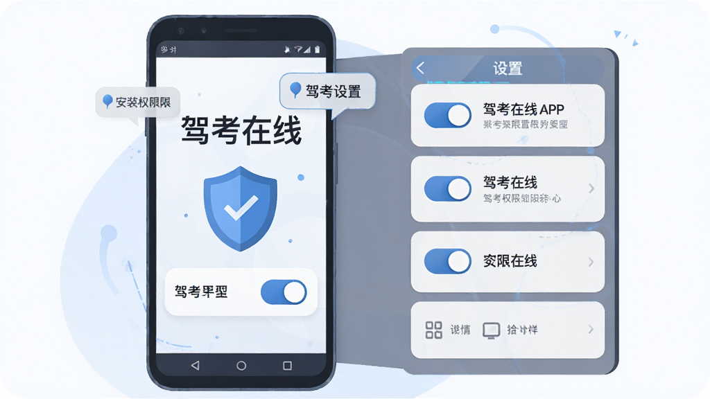 主体为驾考在线APP在安卓手机上的安装权限设置界面示意,画面包含手机屏幕、权限开关与盾牌图标,屏幕内写有“驾考在线”字样;布局为手机居中、右侧展开设置面板;排版为左右分栏说明式构图;风格为扁平科技插画,蓝灰配色;细节包含开关高亮、提示气泡、圆角卡片;画质高清、画面干净、无多余元素