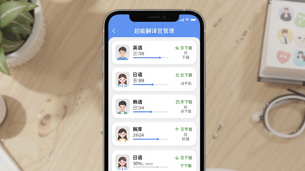 超能翻译官离线翻译与词库功能示意图,画面中央为手机界面,显示超能翻译官离线语言包管理页面,列表中包含英语、日语、韩语等语言包及下载状态,布局为纵向列表排版,风格为柔和圆角卡片风,细节包含下载进度条、已下载标识、存储空间提示,画质高清干净,无杂乱元素