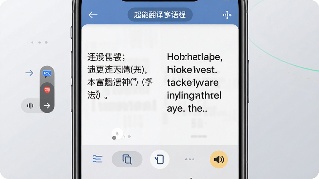 超能翻译官多语种文本翻译功能展示图,画面主体是一部手机,屏幕中显示超能翻译官文本翻译界面,左侧为中文输入内容,右侧为英文译文结果,布局为左右对照式排版,风格为清爽浅色商务风,细节包含语言切换箭头、复制按钮、发音图标,背景为浅灰渐变,画质清晰干净,无多余装饰元素
