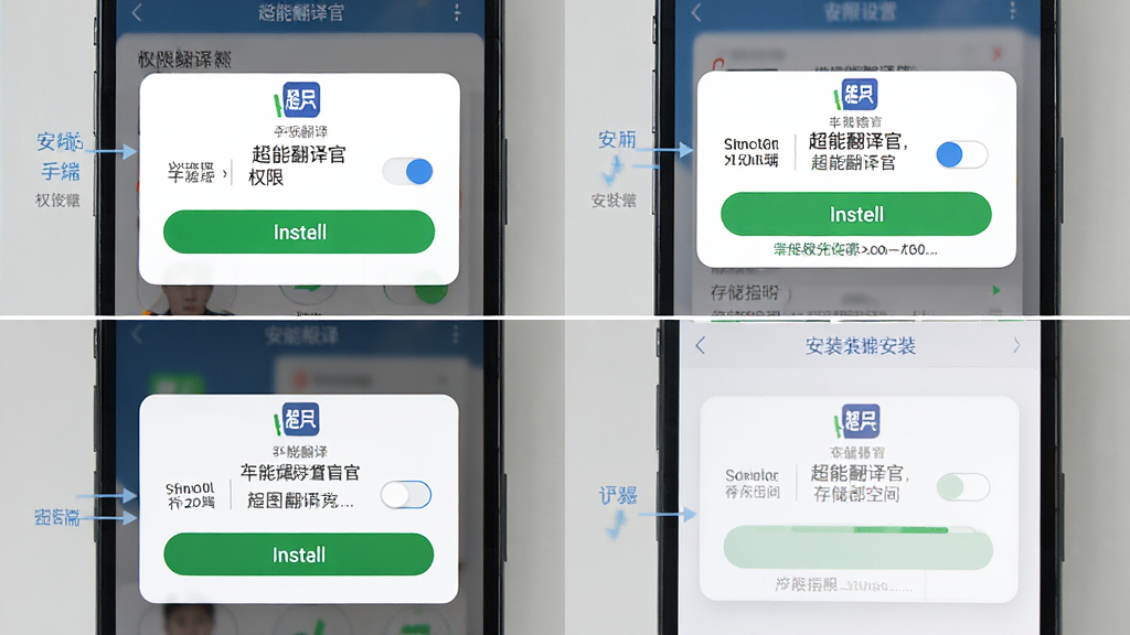 超能翻译官手机端安装与权限设置操作示意图,画面主体为手机屏幕特写,显示超能翻译官权限请求弹窗与安装进度界面,布局为上下分屏展示,风格为清晰教程风,细节包含权限开关、安装按钮、存储空间提示,画质高清干净,无多余元素