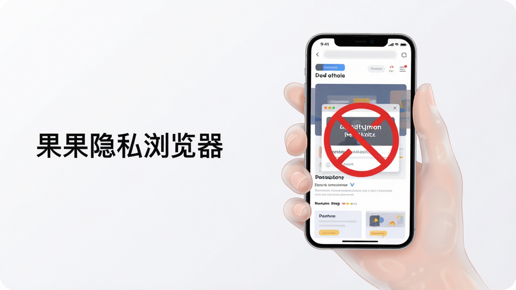 画面主体为一只半透明的手掌托起手机,手机屏幕中显示网页内容,页面上的广告弹窗被红色禁止符号覆盖,布局为手机位于画面中央偏右、左侧留白放置