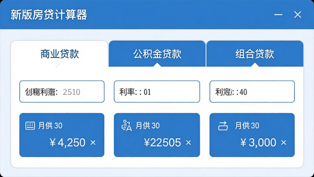 画面主体为“新版房贷计算器”软件界面中的贷款类型选择面板,三个并列选项卡分别标注“商业贷款”“公积金贷款”“组合贷款”,选项卡下方配有对应的利率参数输入框与月供结果卡片,布局采用上下分层结构,风格扁平化,配色以蓝白为主,细节清晰,画质干净