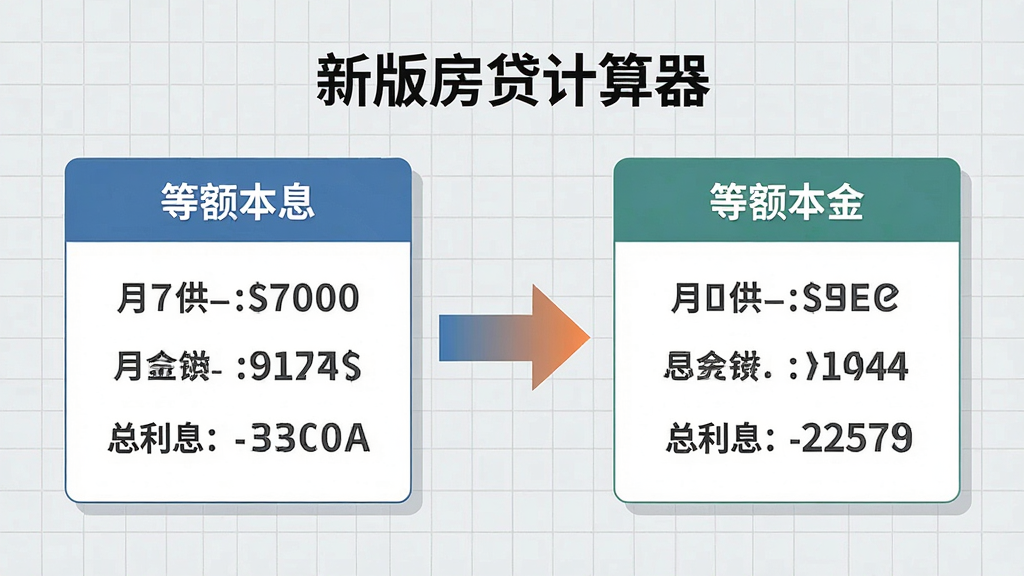插画展示“新版房贷计算器”的还款方式对比页面,左侧卡片标注“等额本息”并列出月供与总利息数字,右侧卡片标注“等额本金”并列出对应数据,中间用对比箭头连接,背景为浅灰色网格,风格简约商务,排版左右对称,细节清晰,画质干净