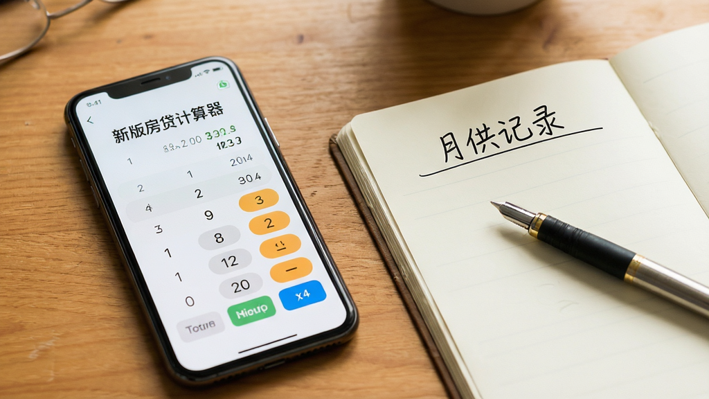 一部手机屏幕显示“新版房贷计算器”的计算结果页面,旁边放置一本记事本与一支笔,记事本上写有“月供记录”字样,背景为暖色调木纹桌面,风格生活化,排版自然,细节清晰,画质干净