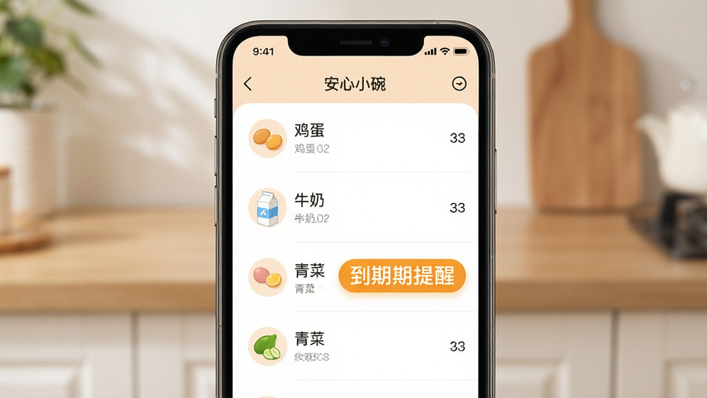 画面主体为手机屏幕中的“安心小碗”食材管理页面,界面上列出鸡蛋、牛奶、青菜等食材条目,其中一条带有醒目的到期提醒标签;布局为手机竖屏居中,条目自上而下排列;风格为温馨生活化的产品界面展示风,配色柔和;细节上提醒标签为橙黄色圆角样式,文字清晰;画质高清,画面干净,无多余元素