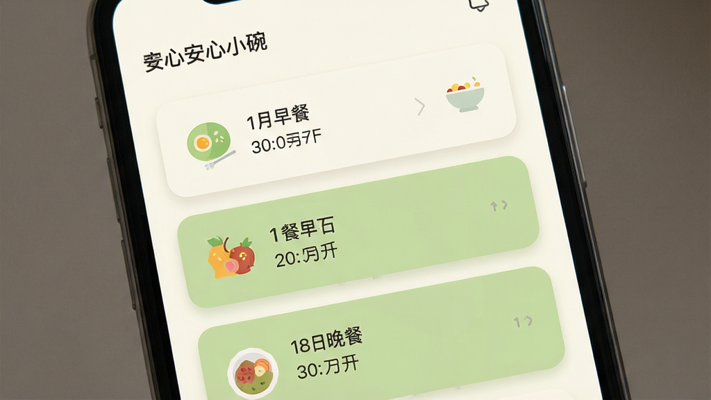 画面主体为手机应用内页特写,屏幕展示“安心小碗”的饮食记录界面,可见早餐、午餐、晚餐三个时间卡片与已添加的食物条目;布局为手机居中、界面元素从上到下依次排列;风格为清爽扁平化的UI展示风,配色以米白与浅绿为主;细节上卡片带有圆角与轻阴影,图标简洁;画质清晰,画面干净,无多余元素