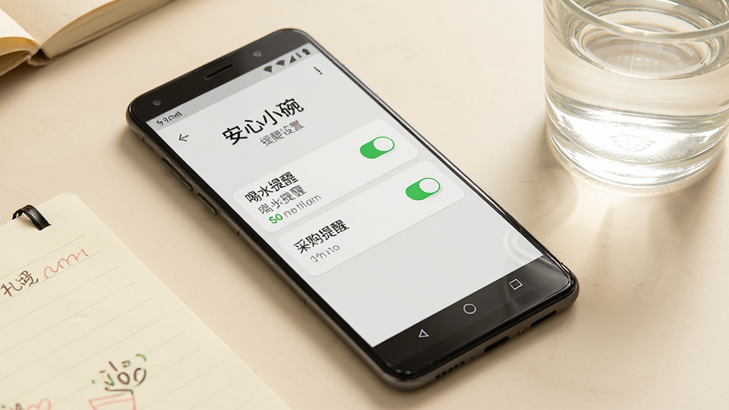 画面主体为一部平放在浅色桌面的安卓手机,屏幕显示“安心小碗”的提醒设置界面,可见喝水提醒与采购提醒两个开关选项;布局为手机斜放构图,旁边放着一杯水和一本便签;风格为简约生活摄影风,色调温暖;细节上开关按钮为绿色高亮状态,界面文字清晰;画质高清,画面干净,无多余元素