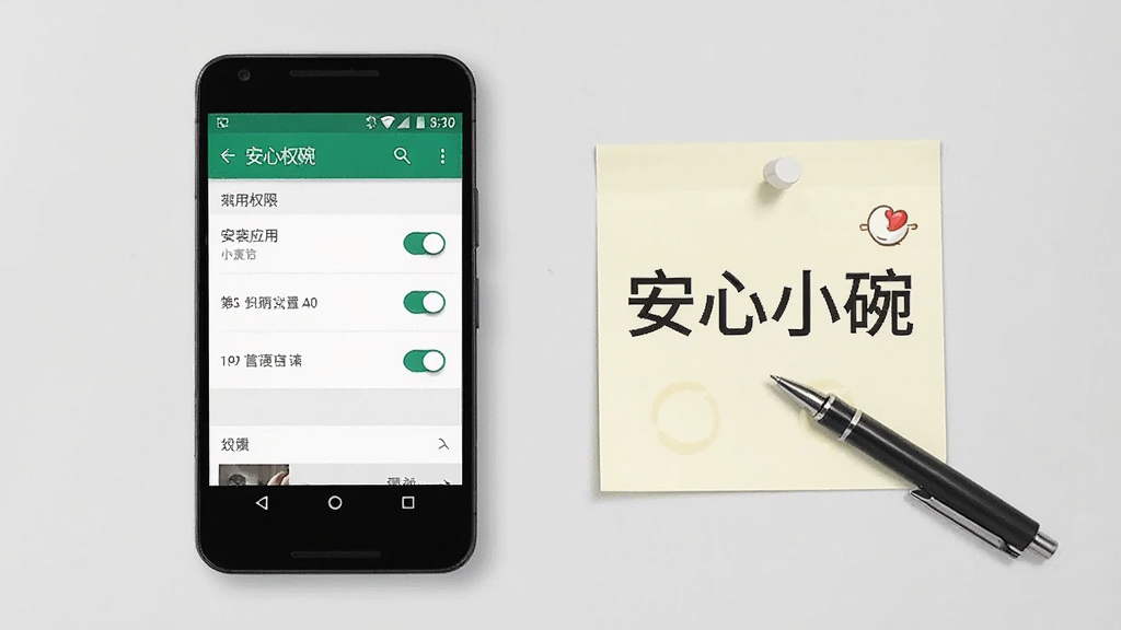 画面主体为一部安卓手机显示应用安装权限设置页面,旁边摆放一张写有“安心小碗”字样的便签与一支笔;布局为手机与便签左右呼应;风格为简洁的数码教程配图风,背景为浅灰纯色;细节上设置页面开关处于开启状态,便签文字清晰;画质清晰,画面干净,无多余元素