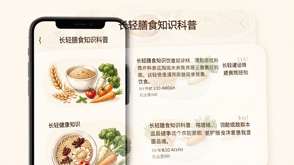 长轻膳食知识科普页面展示,手机屏幕显示饮食健康文章列表,配图有谷物蔬菜插画,整体排版整洁,背景为暖白色,画质清晰干净
