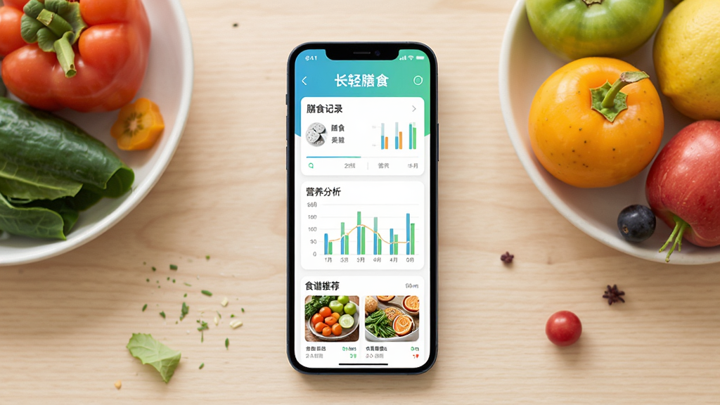 手机屏幕展示长轻膳食应用主界面,界面中有膳食记录卡片、营养分析图表和食谱推荐板块,背景为浅色木质桌面,旁边摆放新鲜蔬菜水果,整体风格清新自然,构图居中,画质清晰干净,无多余元素