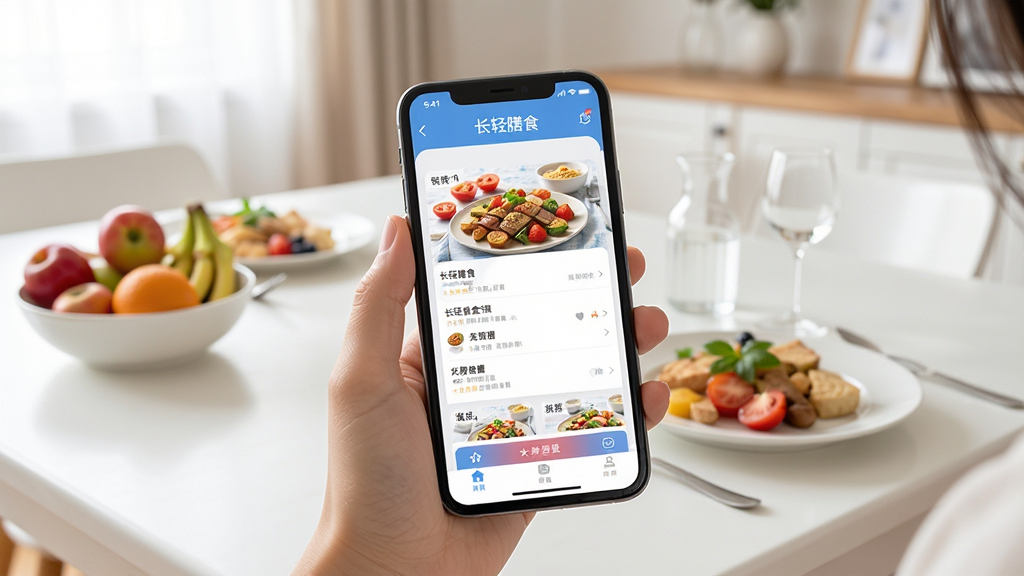 长轻膳食应用在手机上的安装与使用场景展示,手持手机屏幕显示应用首页,背景为居家餐桌环境,有水果和餐盘点缀,画面明亮整洁,画质清晰,无多余装饰