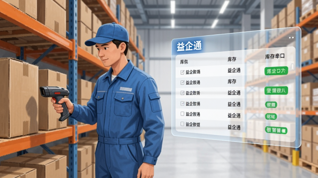 画面主体为一名穿蓝色工装的仓库管理员手持扫码枪扫描货架上的纸箱,旁边悬浮半透明的库存数据面板,面板上显示“益企通”字样的库存列表与绿色预警提示,背景为整洁的现代化仓库通道,采用写实商务插画风格,构图左人右屏,光线明亮,细节清晰,画质干净,无杂乱元素