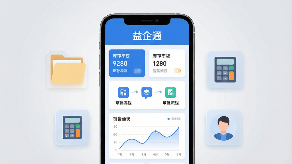 画面主体为一台竖屏智能手机,屏幕中央展示蓝色调的企业管理软件界面,包含库存数字卡片、审批流程图标与销售曲线图,手机两侧悬浮半透明的文件夹、计算器与客户头像图标,整体采用扁平化商务插画风格,背景为浅灰渐变,布局居中对称,细节干净利落,画质清晰,无多余装饰元素,屏幕上方以白色文字标注“益企通”