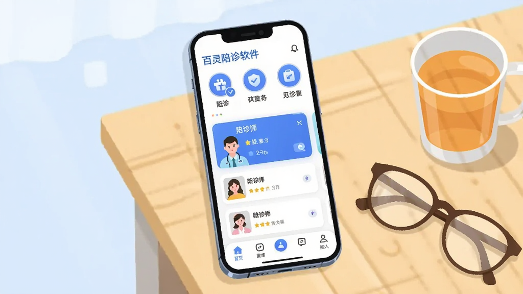 画面主体为一部竖屏智能手机,屏幕中央显示百灵陪诊软件首页界面,界面上方有陪诊服务分类图标,中部为陪诊师列表卡片,下方为底部导航栏;手机放置在浅色木质桌面上,旁边配有一副老花镜和一杯温水;整体采用清新明亮的扁平化插画风格,色调以蓝白为主,细节上突出界面卡片的圆角与图标层次,画质清晰干净,无多余装饰元素,适合软件下载站配图使用
