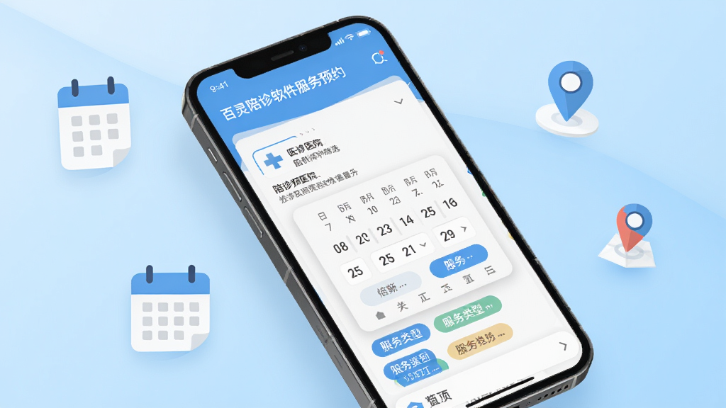 画面主体为百灵陪诊软件的服务预约界面,手机屏幕显示医院列表与陪诊师筛选条件,页面中有日期选择控件和服务类型标签;手机斜放在浅蓝色渐变背景前,周围点缀简约的日历图标与定位图标;采用现代扁平化设计风格,配色清爽,细节上强调界面元素的层次感与可读性,画质干净无杂乱元素,整体呈现专业可信的软件宣传视觉