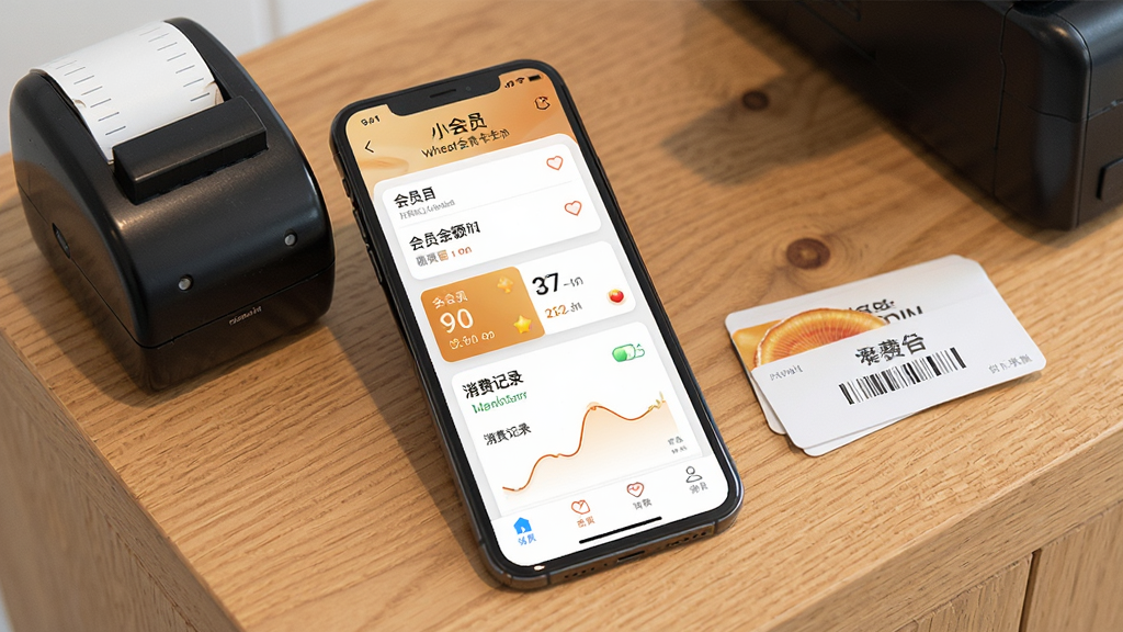 一张手机屏幕展示小麦会员卡应用主界面,界面中有会员列表、储值余额、消费记录等卡片式布局,手机放在木质收银台上,旁边有小型打印机和会员卡实体卡片,整体风格清新明亮,画质清晰干净无多余元素