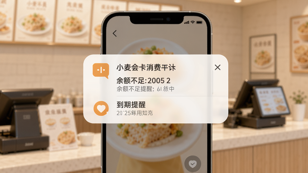 手机屏幕弹出小麦会员卡消费提醒通知,通知卡片上写着余额不足提醒和到期提醒字样,背景是门店柜台场景,风格柔和圆角,画质清晰干净