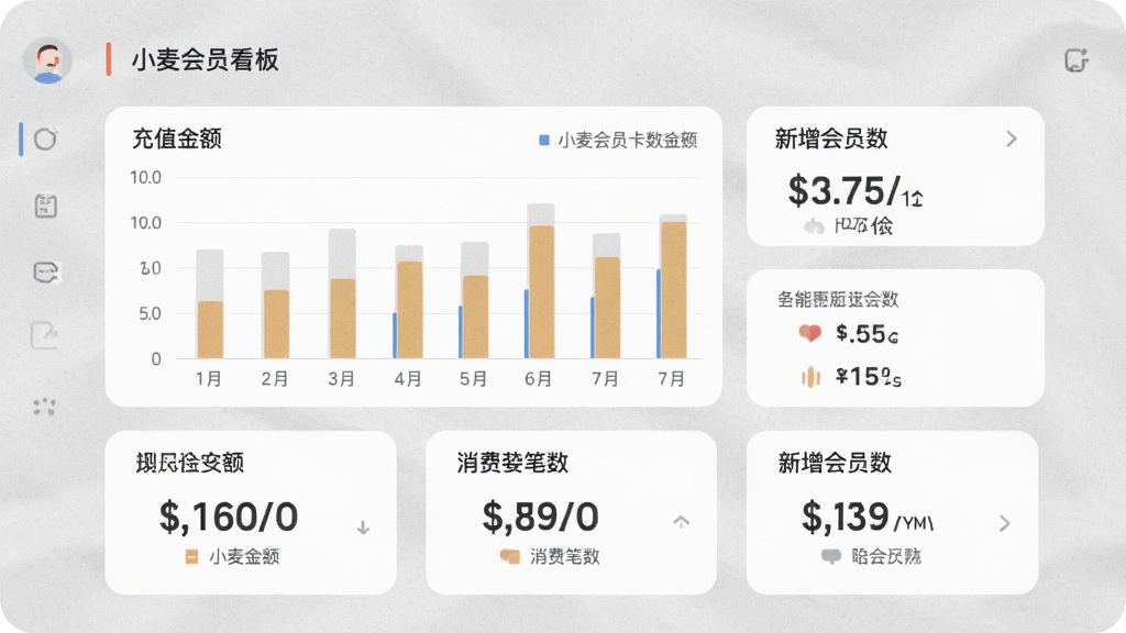 小麦会员卡数据看板页面,屏幕上有柱状图和数字卡片展示充值金额、消费笔数、新增会员数,界面风格浅灰质感,画质清晰干净