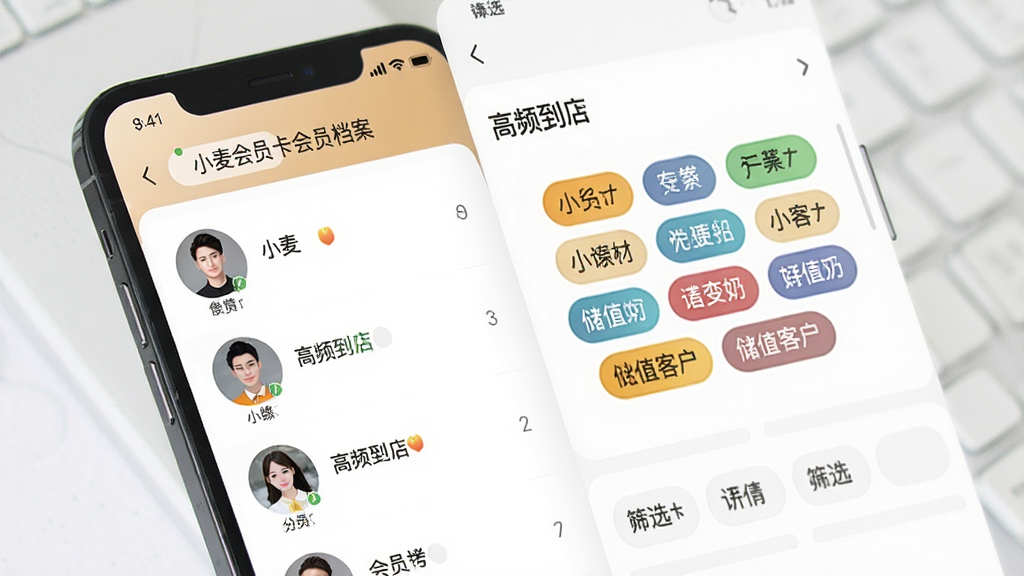 手机屏幕显示小麦会员卡会员档案页面,左侧是会员头像列表,右侧是标签云和筛选栏,画面中有“高频到店”“储值客户”等标签文字,风格简洁商务,画质清晰干净