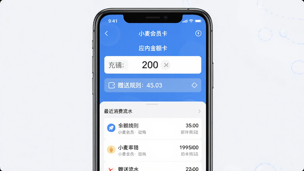 小麦会员卡应用内储值记账界面,屏幕中央显示充值金额输入框和赠送规则选项,下方是最近消费流水列表,配色以蓝白为主,风格清爽素雅,画质清晰干净