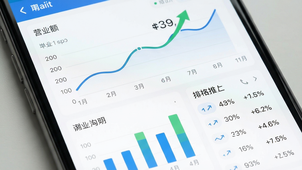 主体为手机数据统计页面,布局为上方折线图、下方柱状图与排行列表,排版层次分明,风格为简约数据可视化界面,细节包含