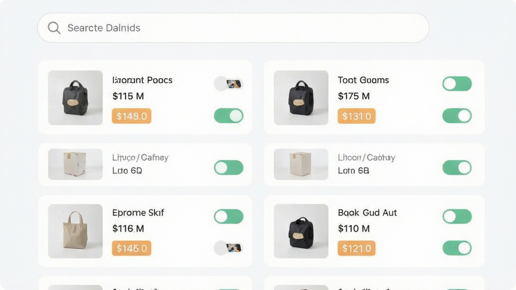 主体为手机商品管理列表页面,布局为顶部搜索栏加下方商品卡片纵向排列,排版整齐留白充足,风格为浅色系电商后台界面,细节包含商品缩略图、价格标签、上下架开关,画质清晰干净无多余元素