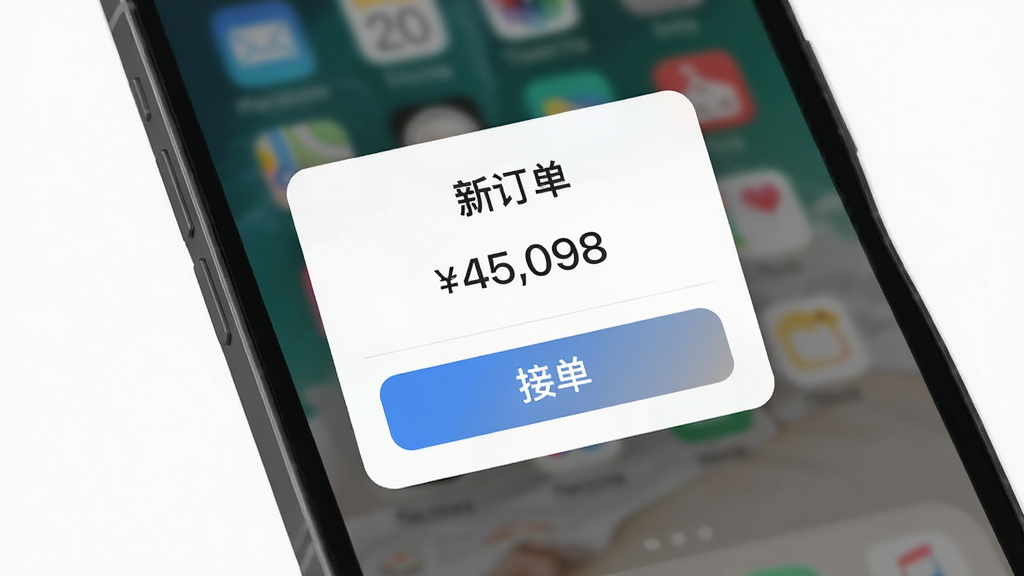 主体为手机弹出新订单通知卡片,布局为卡片悬浮于屏幕中央,排版为标题在上、按钮在下,风格为清爽UI界面展示图,细节包含