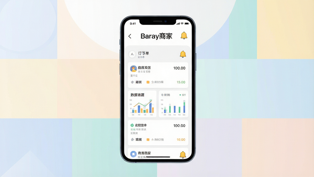 主体为一部竖屏智能手机,屏幕上显示商家后台订单列表界面,布局为手机居中、四周环绕浅色几何色块,排版为上方留白放置软件名称文字