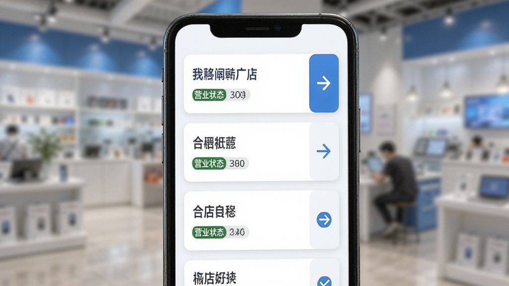 主体为手机门店切换面板,布局为列表式门店卡片纵向排列,排版简洁留白,风格为商务蓝白配色界面,细节包含门店名称、营业状态标签、切换箭头,画质清晰干净无多余元素