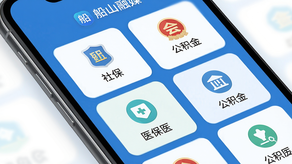 政务办事界面展示,主体为手机屏幕特写,布局上屏幕居中并带有轻微倾斜角度,排版为左右分栏展示服务分类图标,风格为清爽扁平化设计风格,细节上包含社保、医保、公积金等图标与“船山融媒”字样,画质高清、画面干净、无多余元素