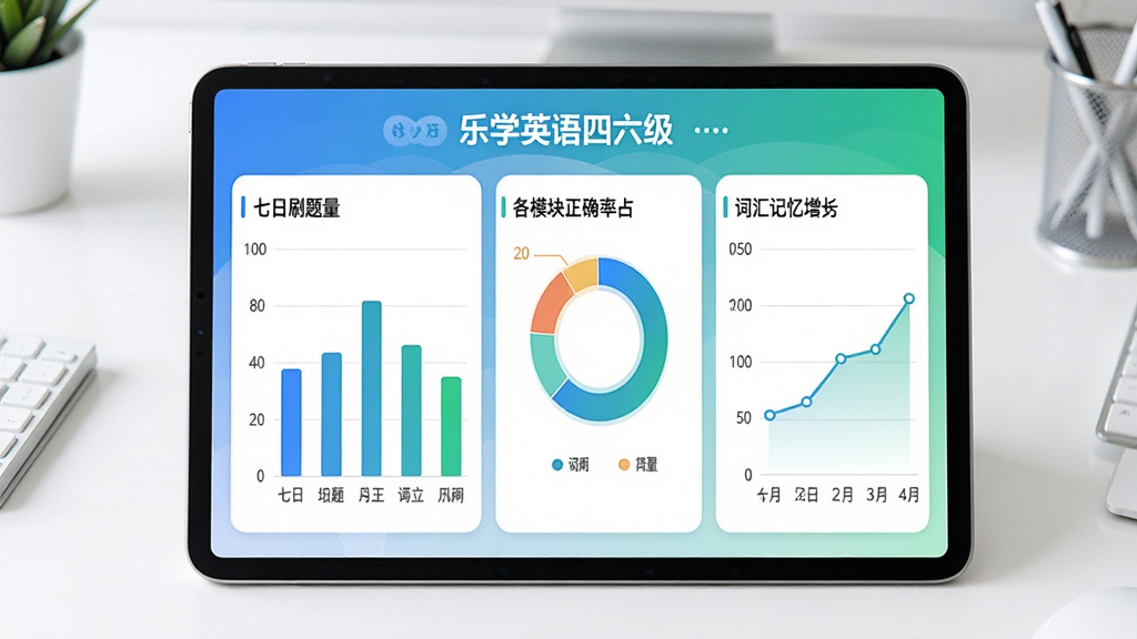 平板电脑横屏展示“乐学英语四六级”学习数据看板,页面包含柱状图显示近七日刷题量、环形图显示各模块正确率占比、折线图显示词汇记忆增长趋势,界面配色为蓝绿渐变,布局清晰分区明确,背景为简洁白色办公桌面,画质高清干净,无杂乱元素