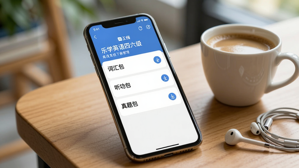 一部手机放置在木质桌面上,屏幕显示“乐学英语四六级”离线下载管理页面,列表中有词汇包、听力包、真题包三项,每项右侧显示已下载对勾图标,手机旁边有一杯咖啡和一副有线耳机,背景虚化处理,光线柔和,风格生活化学习场景,画质清晰干净