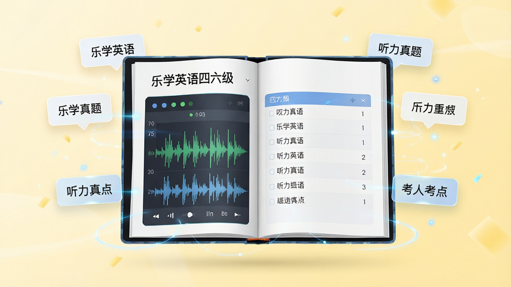 画面中央是一本翻开的电子题册,书页上显示“乐学英语四六级”听力真题界面,左侧为音频波形条,右侧为选项列表,书册周围漂浮着词汇卡片和考点标签,背景为柔和的浅黄色渐变,整体布局居中对称,风格教育科技感,画质细腻干净