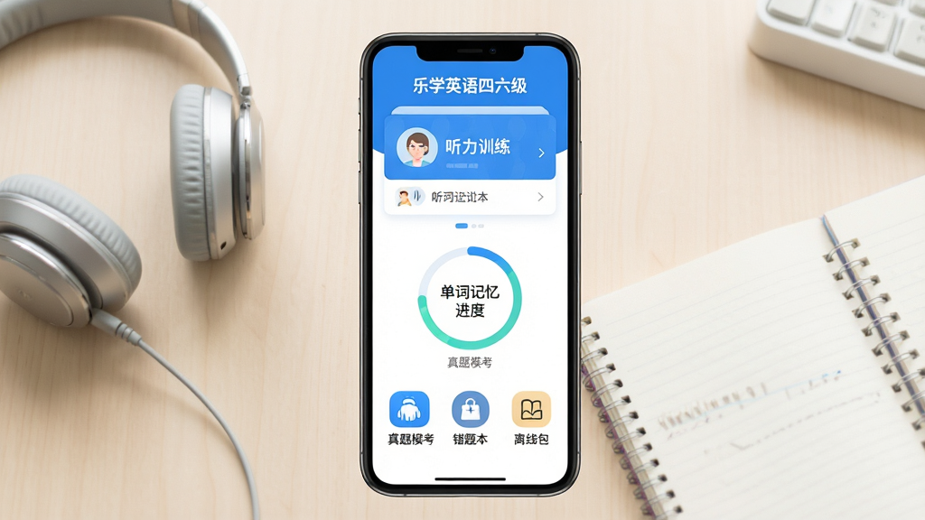 手机屏幕中央展示“乐学英语四六级”应用主界面,界面采用清新蓝白配色,上方为听力训练卡片,中部为单词记忆进度环,下方排列真题模考、错题本、离线包三个功能入口,背景为浅色书桌场景,旁边放着一副耳机和一本笔记,整体风格简洁明快,画质清晰干净,无多余装饰元素