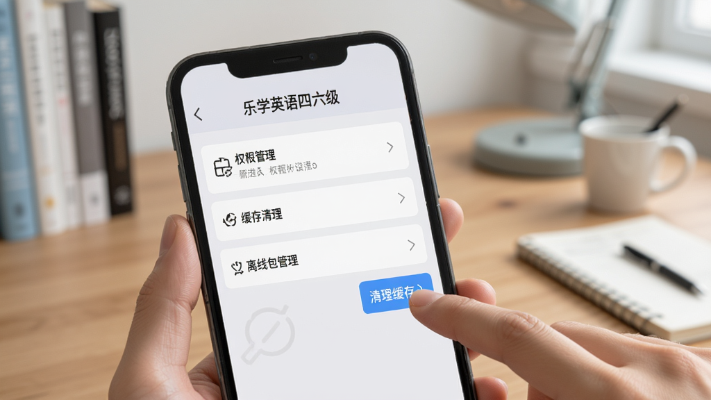 手机屏幕显示“乐学英语四六级”设置页面,包含权限管理、缓存清理、离线包管理三个选项,旁边有一只手正在点击“清理缓存”按钮,界面为浅灰色调,布局简洁,背景为室内书桌环境,画质清晰干净