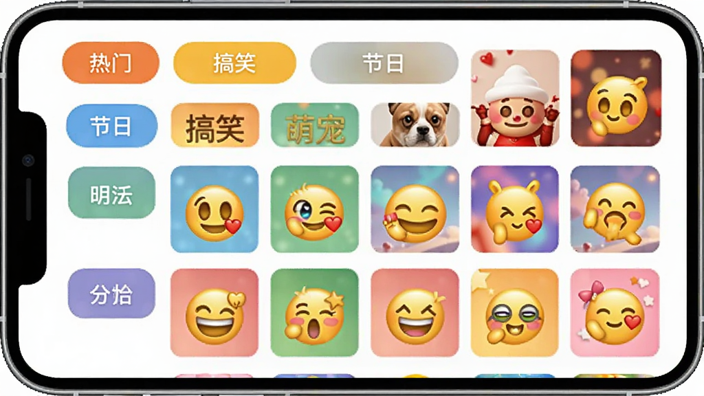 快点好软件表情分类浏览界面示意图,画面为手机屏幕内展示多个表情分类标签和对应的表情包缩略图网格,分类标签包括热门、搞笑、萌宠、节日等,整体风格活泼明快,色彩丰富,画质清晰,干净整洁