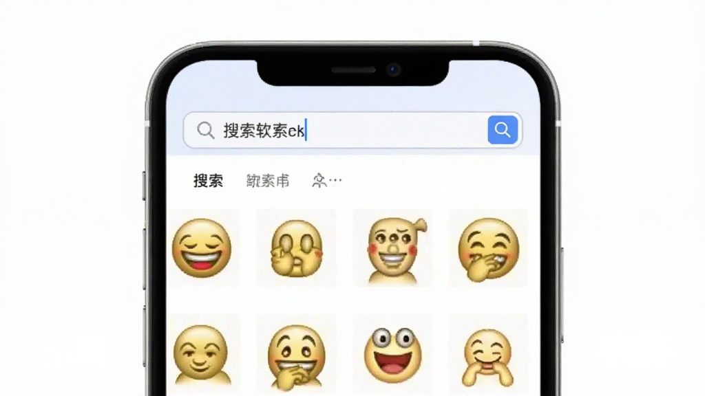 快点好软件搜索功能界面示意图,画面为手机屏幕内展示搜索框和搜索结果列表,搜索框内有文字输入状态,下方展示多个匹配的表情包缩略图,整体布局清晰,风格简约,画质干净,无多余装饰